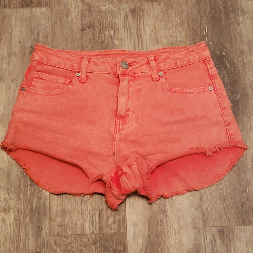 Red Raw Hem Jean Shorts
